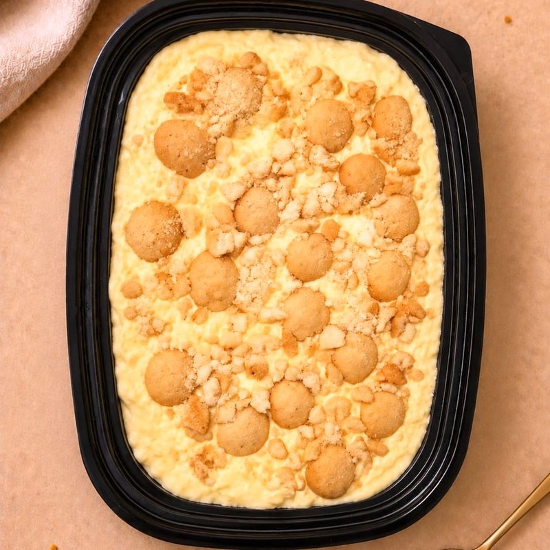 Party tray of banana pudding topped with vanilla biscuits, 32x26x6cm, for events and dessert tables