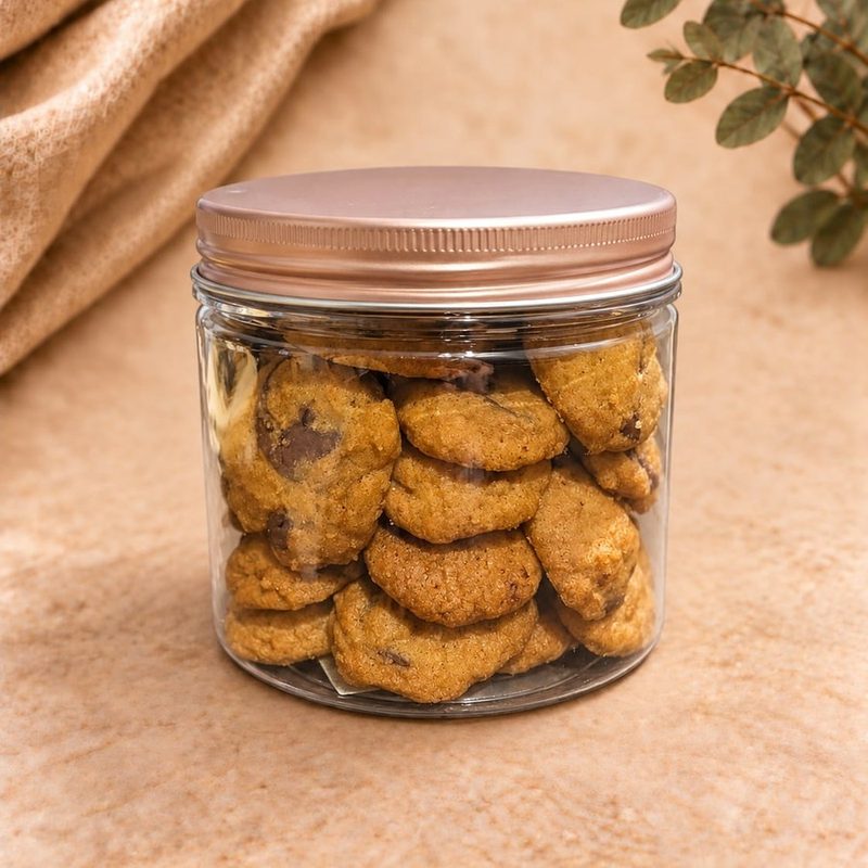 Jar of Belgian chocolate chip cookies with a rose gold lid, 180g