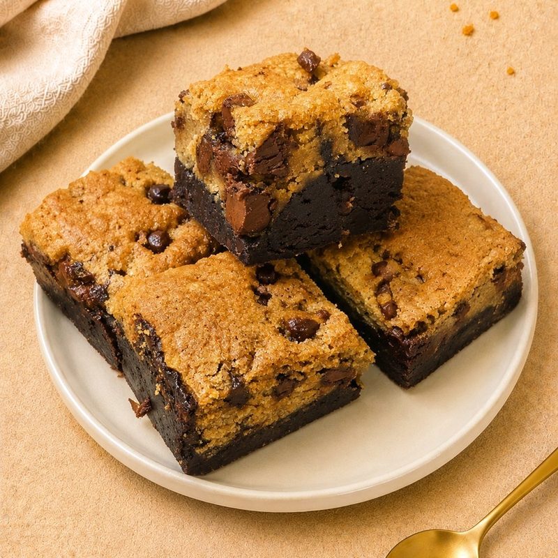 Squares of brookies, fudgy brownie under a chocolate chip cookie top, on a cream plate