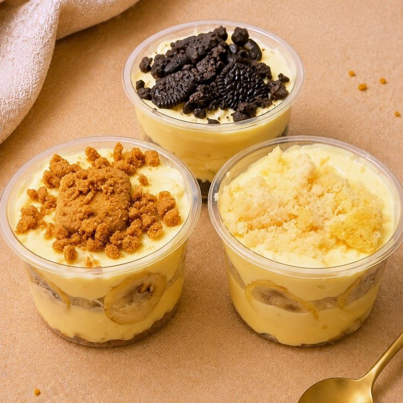 Three cups of KRYM Delights banana pudding topped with Biscoff crumb, Oreo and vanilla biscuit