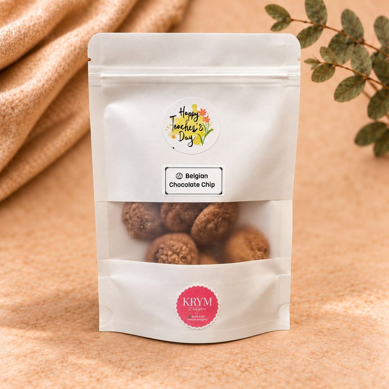 KRYM Delights cookie gift pouch of Belgian chocolate chip cookies with a Happy Teacher&rsquo;s Day sticker