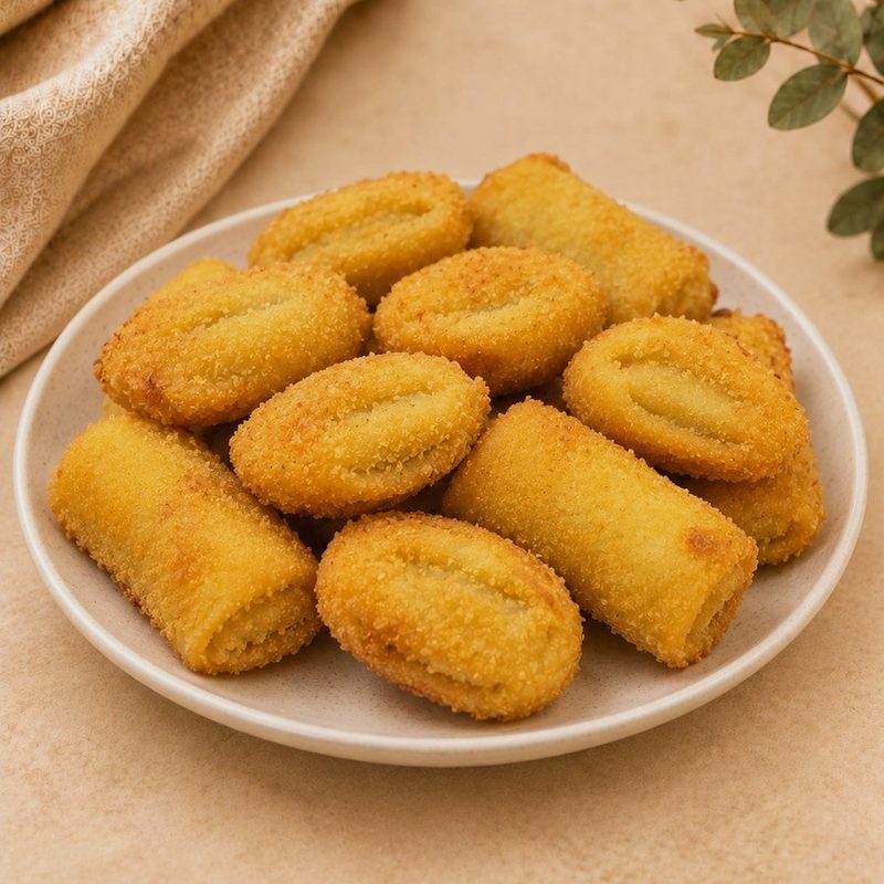 Plated crispy risoles, golden breadcrumbed rolls with a savoury filling