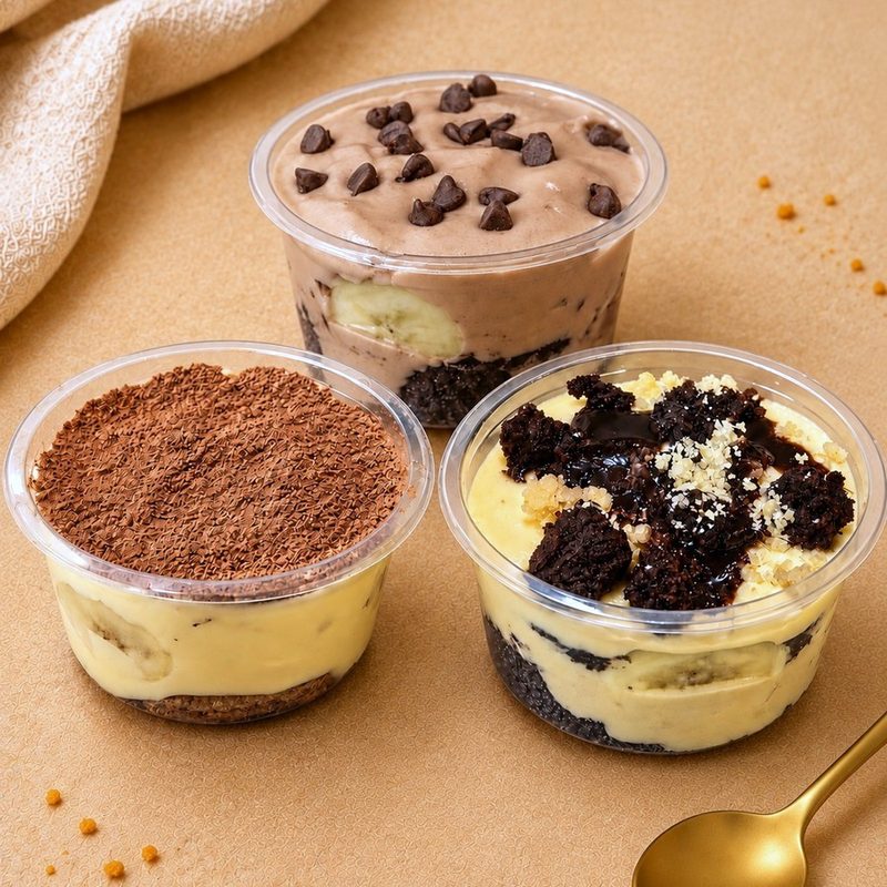 Cups of indulgent banana pudding layered with Belgian chocolate and cocoa