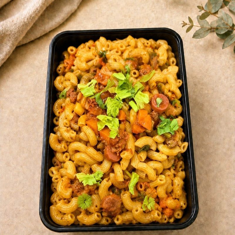 Single portion of macaroni goreng, stir-fried macaroni with vegetables