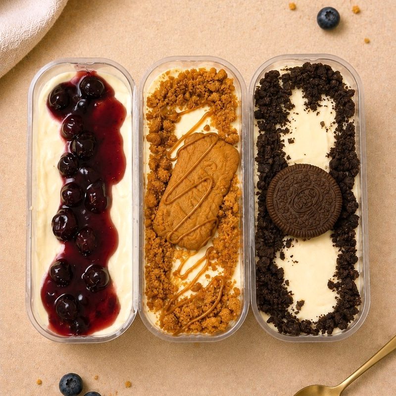 Three tubs of no bake cheesecake &mdash; blueberry compote, Biscoff caramel with a Lotus biscuit, and Oreo crumb