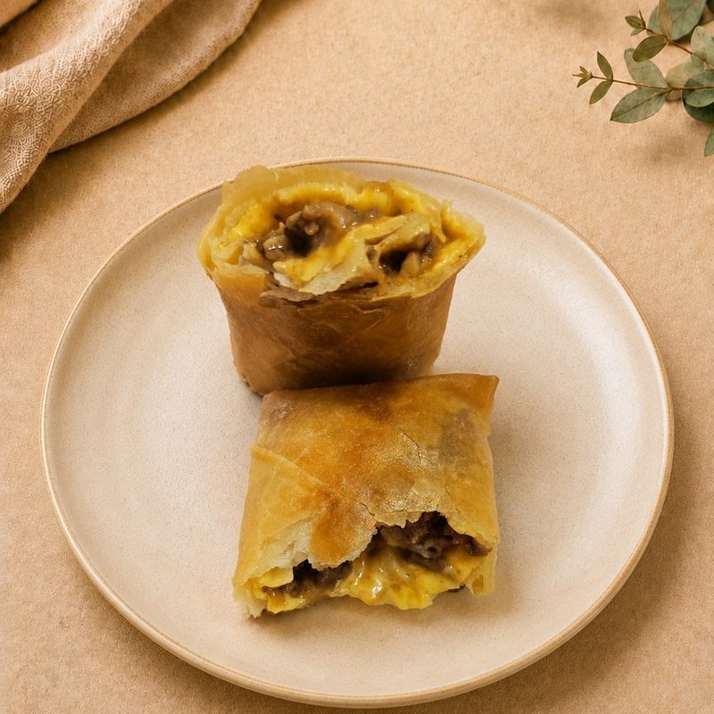 Popiah Big Mac cut open to show the cheesy, saucy filling