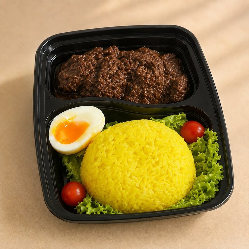 Pulut Kuning personal set with beef rendang packed separately in a bento box