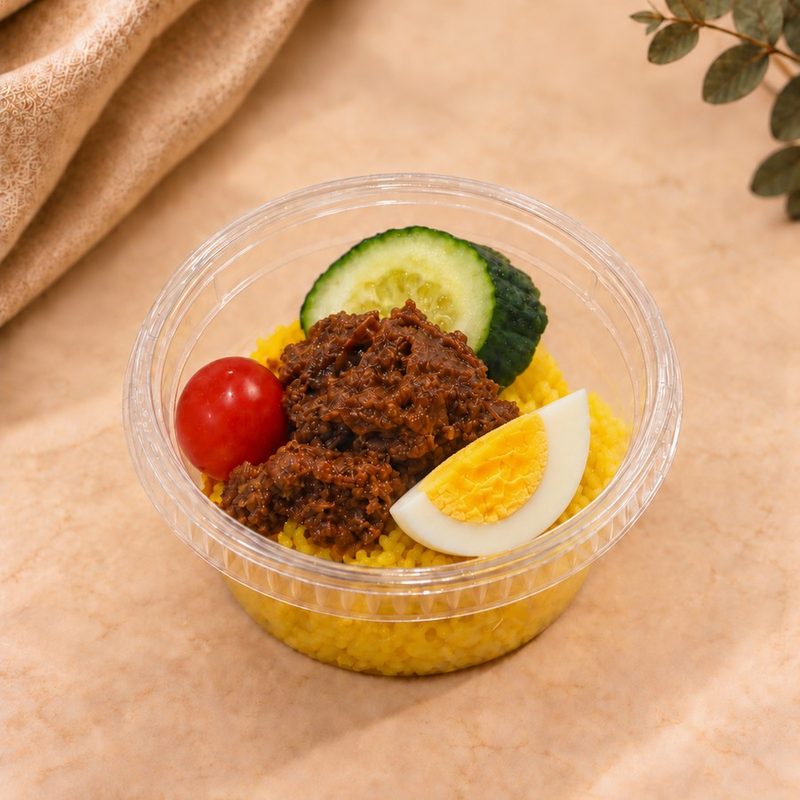 Pulut Kuning berkat cup with beef rendang, cucumber, tomato and boiled egg
