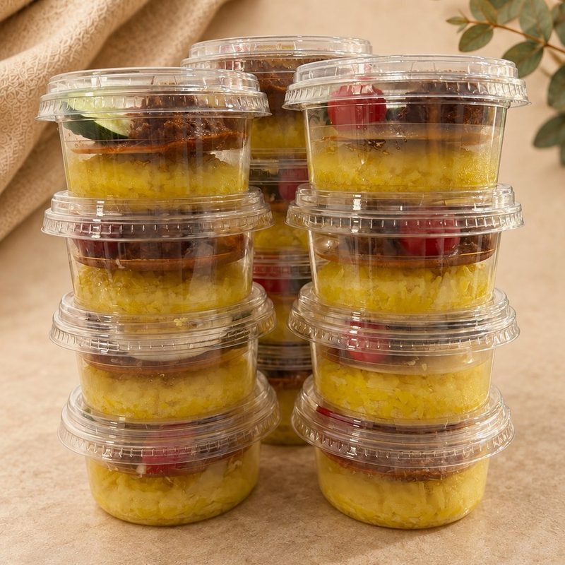 Pulut Kuning berkat cups stacked in columns, each with rendang on turmeric rice