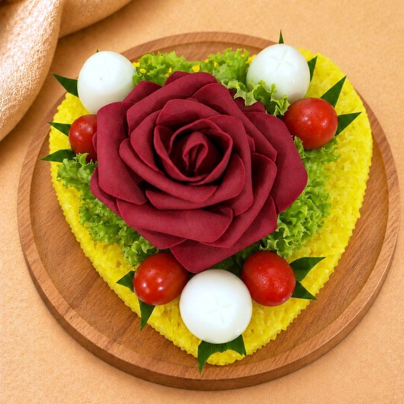 Heart-shaped Pulut Kuning celebration cake on a wooden board, topped with a large deep-red rose, cherry tomatoes, boiled eggs and lettuce