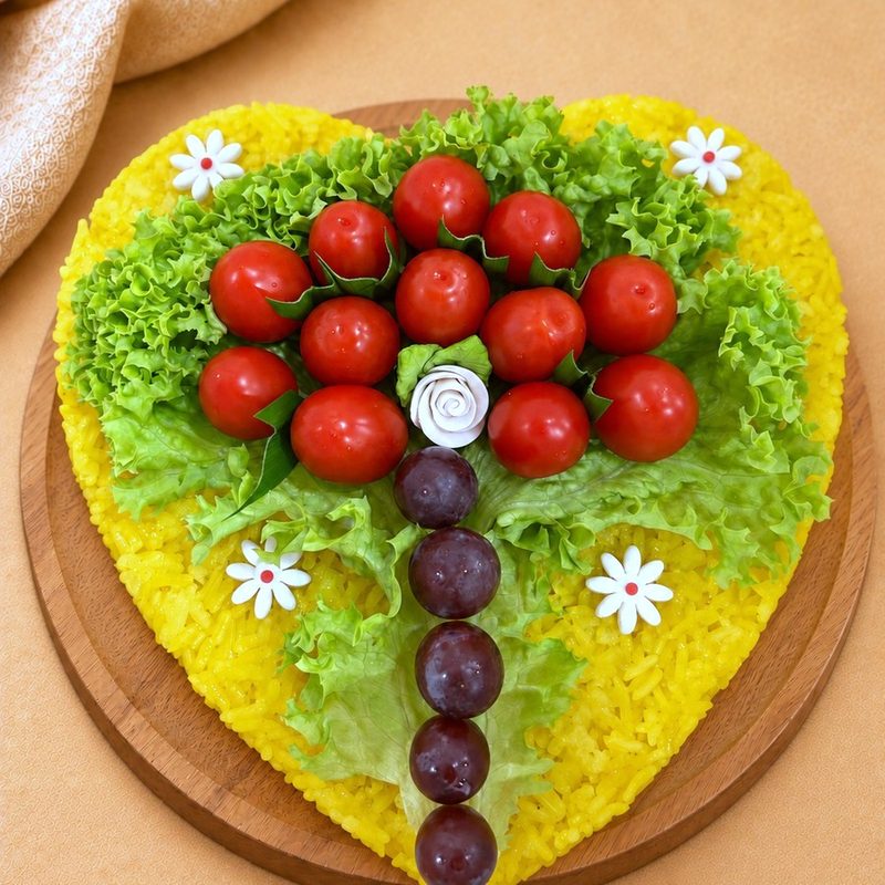 Heart-shaped Pulut Kuning celebration cake decorated with pandan leaves and flowers