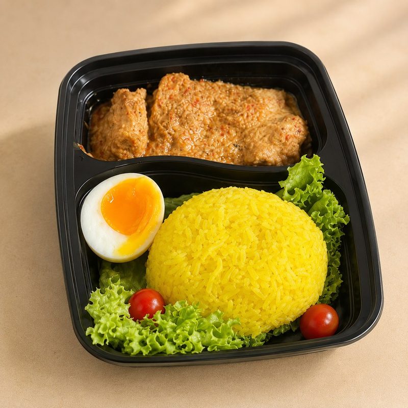 Pulut Kuning personal set with chicken rendang packed separately in a bento box