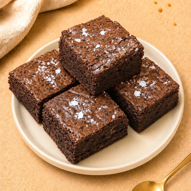 Stacked sea salt brownies with flaky salt on a fudgy chocolate crust