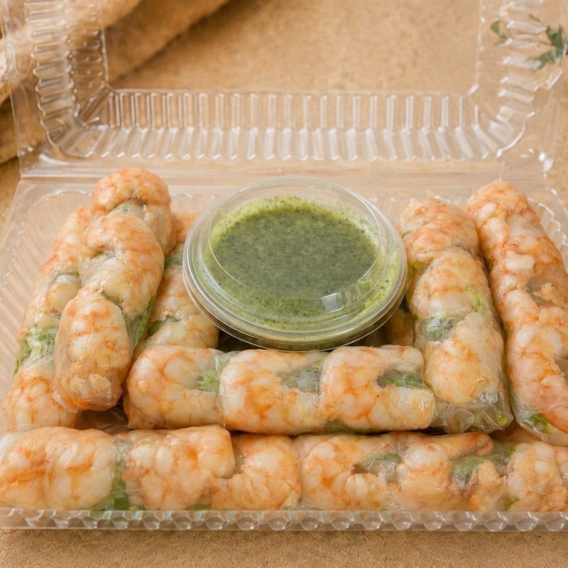Vietnamese rice paper rolls with prawns and fresh greens, served with mint dipping sauce